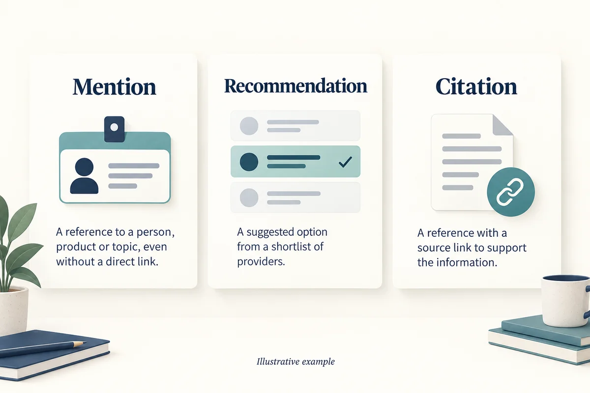 Illustrated cards labeled Mention, Recommendation, and Citation, with a name badge, selected provider, and linked document.